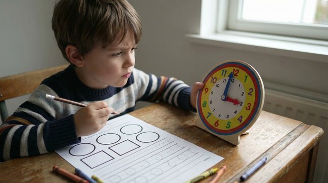 Young boy studying time with a clock and working on a worksheet  