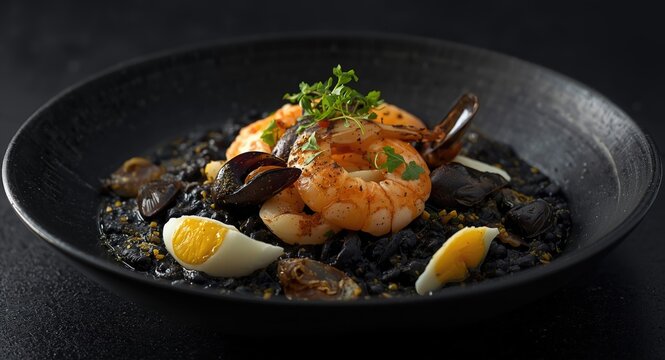 Classic black ink risotto with squid shrimp mussels and layers of bottarga eggs