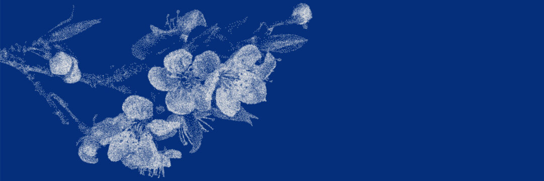 Apple blossom cyanotype botanical background. Stipple dot overlay texture with spring flower silhouette. Delicate indigo blue nature banner for template and graphic design project