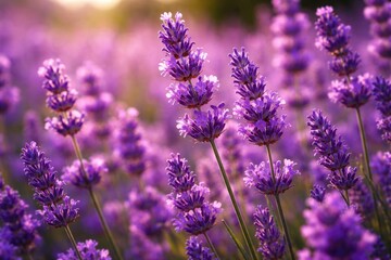Fototapeta premium Vibrant purple lavender flowers blooming in close up with delicate petals in summer field