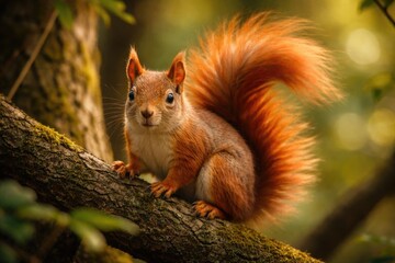 Naklejka premium Cute squirrel with a vibrant red tail perched on a tree branch
