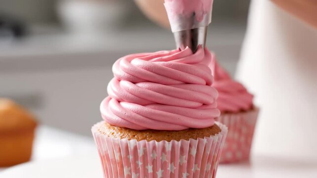 Close-up of pink frosted cupcake being decorated.