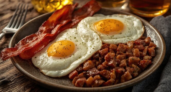 Delicious breakfast combination of bacon corned beef hash and fried eggs