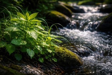 Obraz premium Close up of vibrant green plants next to a flowing stream