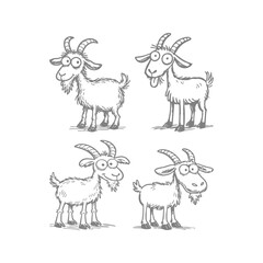 Naklejka premium Four Cartoon Goats Sketch - Whimsical Characters on White Background