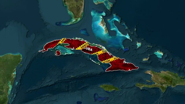 Implied sanctions on Cuba with hazard tape appearing on the map animation