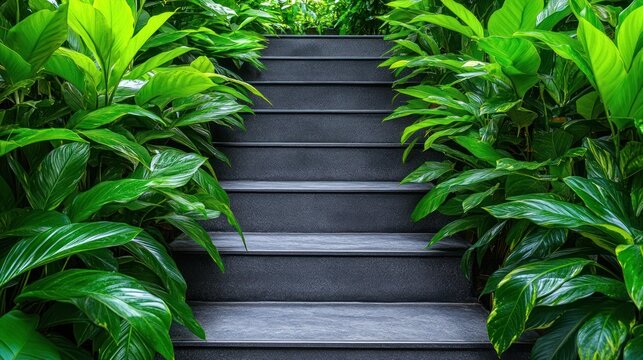 Gray steps ascend through lush greenery