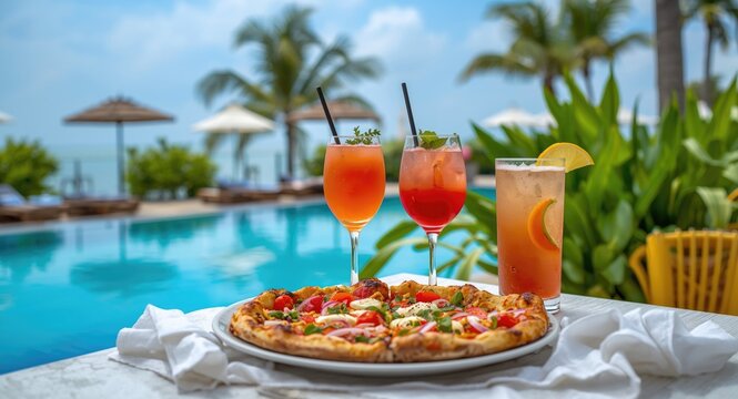 Summer beach dining with vibrant cocktails and fresh pizza near pool