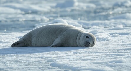 Naklejka premium Young harp seal relaxing on glistening ice sheet with large copy space for messaging