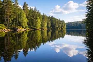 Obraz premium Scenic lake landscape with mirrored forest reflections on a calm summer day