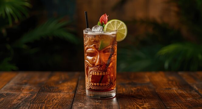 Tiki style zombie cocktail on rustic wooden table with tropical ambience