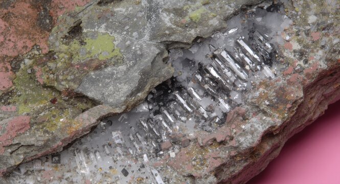 Close focus on hydrothermal alteration zone within andesite showing quartz chlorite and pyrite minerals set on pink background