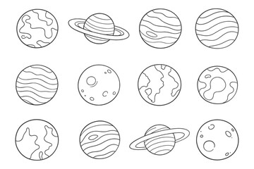 Hand Drawn Planet Icons Set Vector Illustration, Space Objects Collection © DzgnVibe