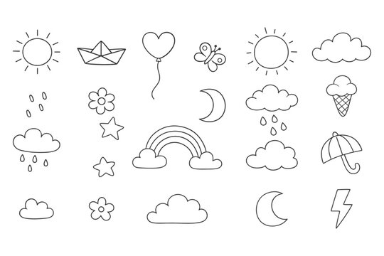 Hand-drawn icons of weather elements, sun, clouds, rain, moon, rainbow, and more