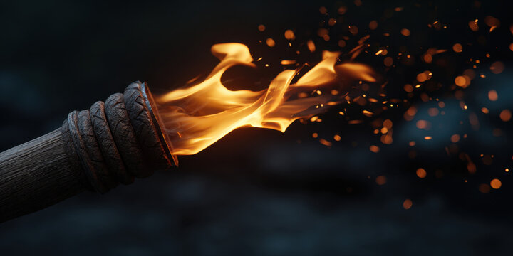 Torch flame fire ember night close up glowing orange dark wood smoke