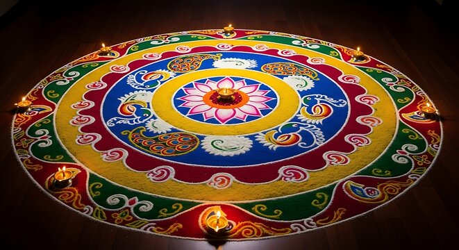 Intricate floor art Rangoli, Hindu, colorful