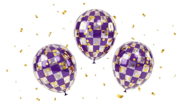 Three purple disco ball balloons with confetti, high quality PNG