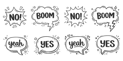 Set of Doodle Speech Bubbles with NO, BOOM, Yeah, and YES © DzgnVibe
