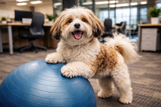 Havanese Dog Playing on Stability Ball in Modern Office Setting
