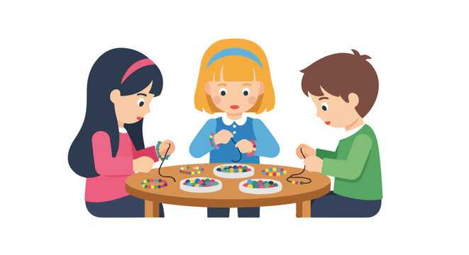 Three young children are sitting around a wooden table, focused on threading colorful beads onto strings to create their own unique handmade jewelry.