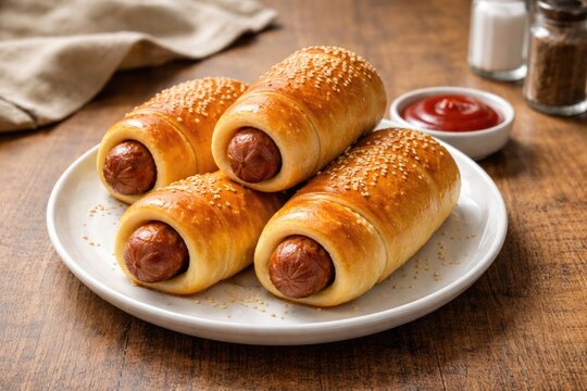 Homemade Beef Sausage Kolache Served on White Plate with Ketchup on Wooden Table