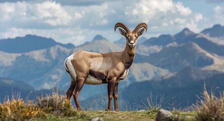 Obraz premium Wild ibex standing tall against backdrop of mountain peaks