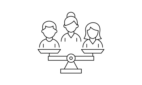 Equality and gender balance in workplace with men and women icons on weighing scales. Editable stroke, Vector illustration, Line art Icon, Symbols.