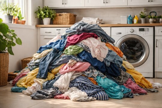 Messy laundry pile in bright utility room