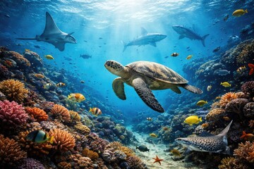 Fototapeta premium Underwater seascape featuring diverse marine animals swimming