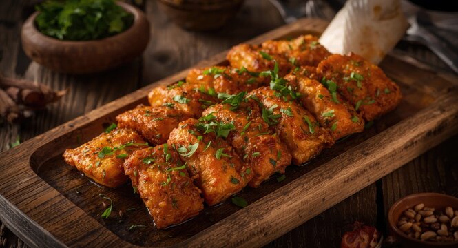 Sweet and crispy Jipang Beras Brondong traditional dish adorned with herbs on wooden platter