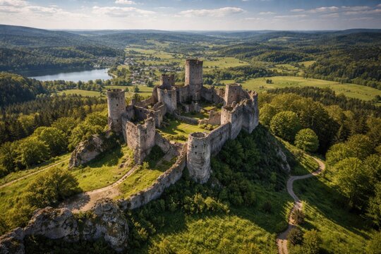 Aerial view of historic castle ruins surrounded by natural landscape on a sunny day