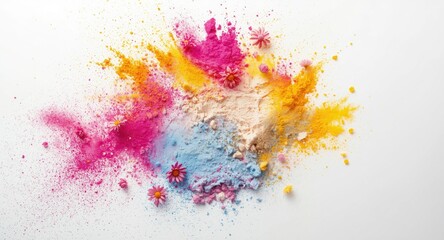 Obraz premium White backdrop with colorful powder scattered in floral burst formations