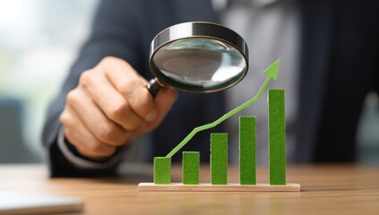 Fototapeta premium A hand holds a magnifying glass over a green upward-trending bar graph, symbolizing business growth and analysis.