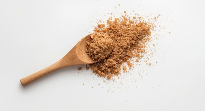 Wooden spoon containing coarse brown sugar on a flat white surface viewed from above copy space