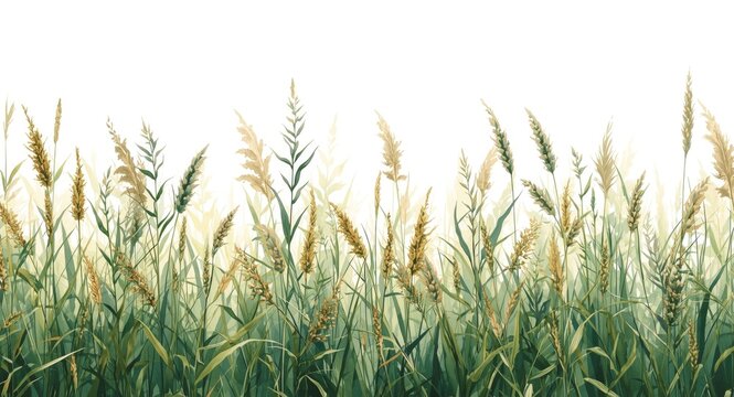 Watercolor grass field with detailed plants for mural style interior printing