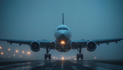 Naklejka premium Airplane Landing on a Wet Runway at Dusk with Runway Lights Guiding the Way