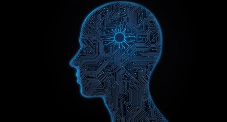 Obraz premium Technological portrait showing human head shape formed with electrical circuit designs representing AI connection