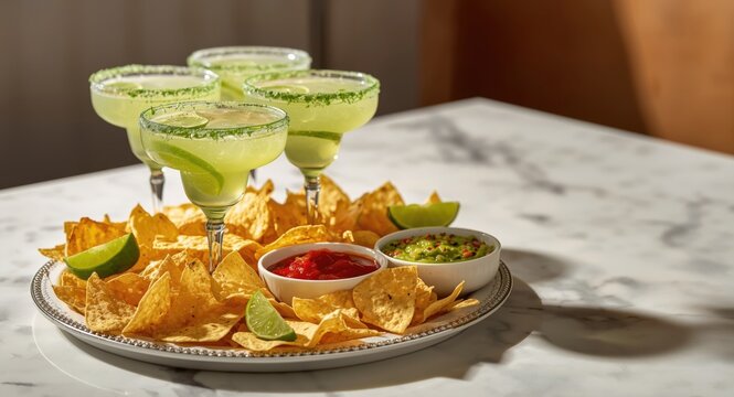 Tight shot of lime margarita cocktail glasses brimming placed on a platter with nacho chips guacamole and salsa dips