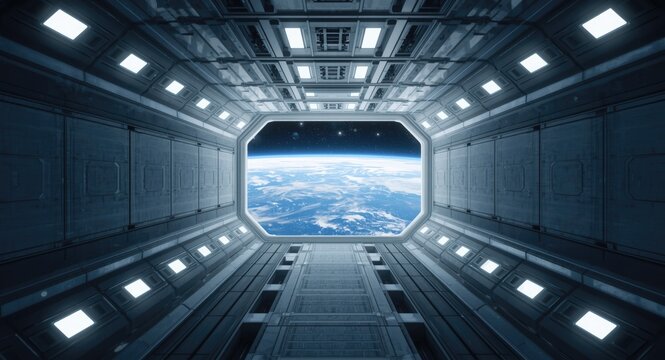 Ultra detailed 3D sci fi shuttle corridor showing window view of planet Earth