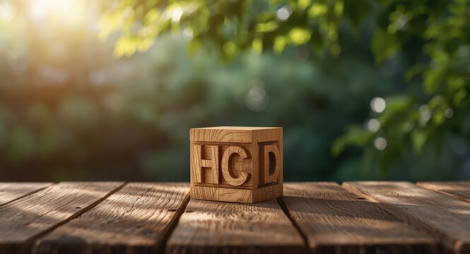 Wood cube with carved HCD letters lit by natural sunlight on a rustic wooden tabletop in a serene nature spot