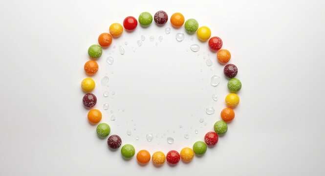 Water droplet adorned colorful skittles candy arranged in a circle on white backdrop