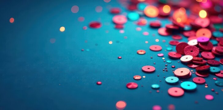 Colorful sequins scattered on blue, festive greeting card template, blue, sequins, bright