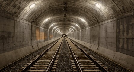 Obraz premium Updated excavation tunnel with dual rail tracks and emergency exits
