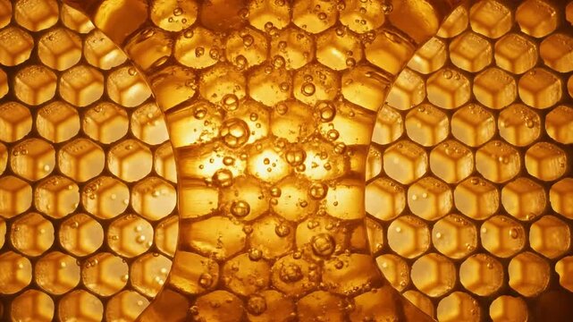 Close-up view of golden honey in a natural honeycomb pattern with visible bubbles and hexagonal cells.