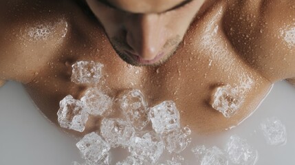 Fototapeta premium Man experiencing refreshing ice bath therapy with cube details and water droplets