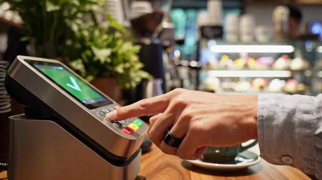 Person making a contactless payment with a credit card.