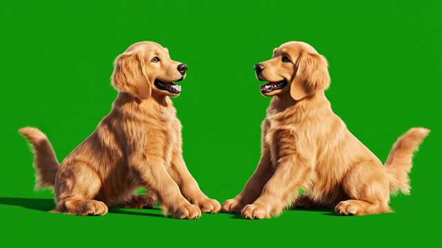 Two golden retrievers against a green background ready for various projects