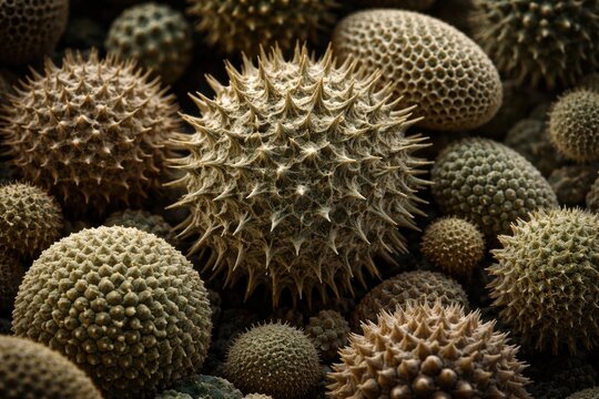 Detailed electron microscope images revealing complex pollen grain structures