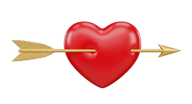 A vibrant red heart pierced by a golden arrow symbolizing love and passion isolated on transparent background