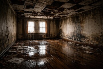 Fototapeta premium Water damaged rectangular room with hardwood flooring and composite ceiling showing structural issues